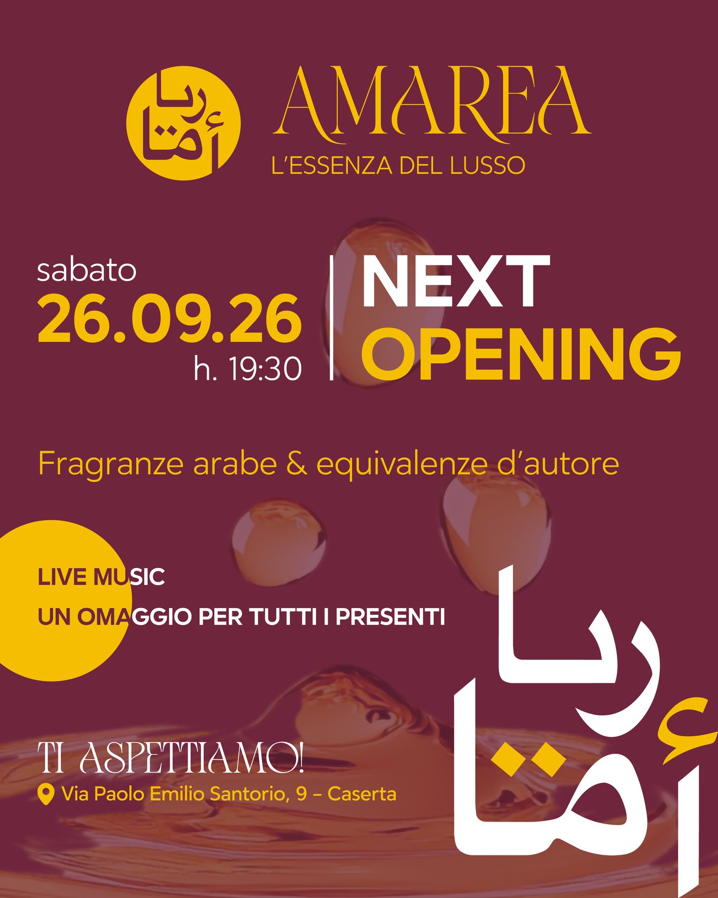 AMAREA — Next Opening sabato 26.09.26 ore 19:30, Via Paolo Emilio Santorio 9, Caserta. Live music e un omaggio per tutti i presenti.